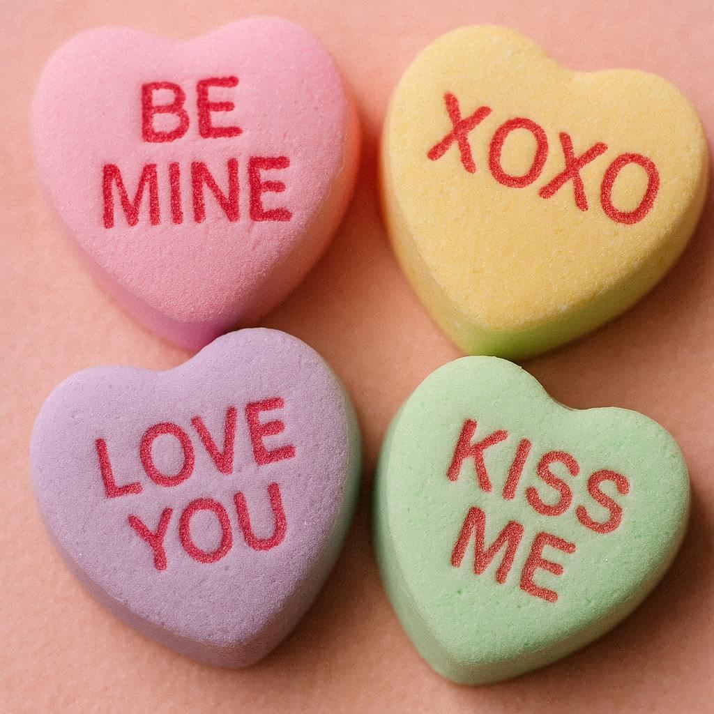 A close-up of a few candy hearts for Valentines Day with common candy heart sayings on them such as Be Mine and XOXO