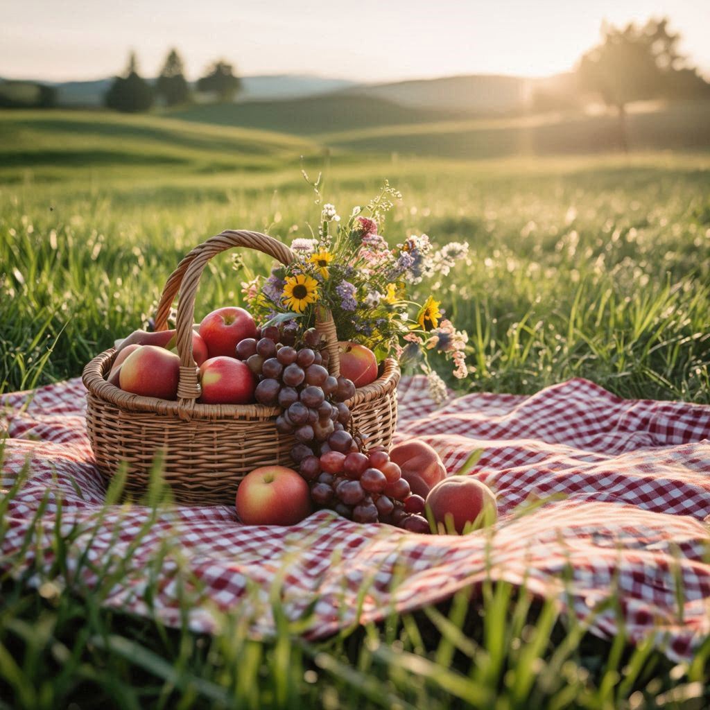 A picnic on a green meadow with a basket of fruits and flowers